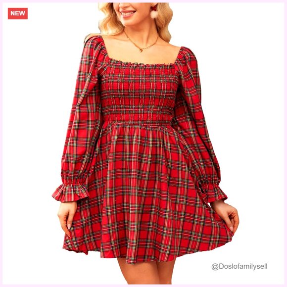 Plaid Mini Dress Long Puff Sleeve Smocked Bodice Casual Fall Sizes S-XL